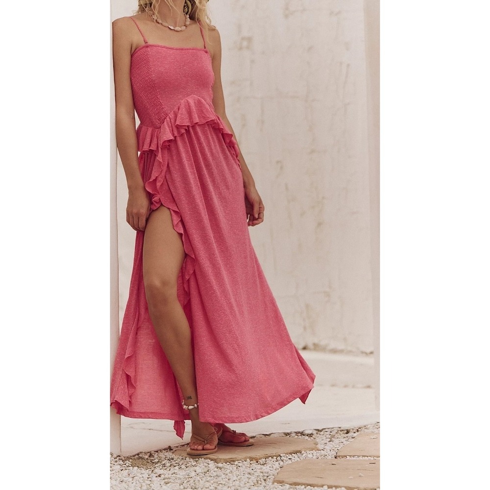 Free People Myra Maxi Dress Ruffled Convertible Straps Side Slits Beach Boho L